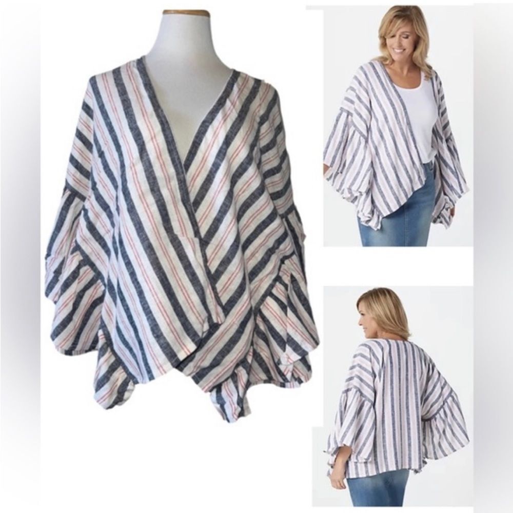 Laurie Felt Flutter Sleeve Open Front Kimono Top, Stripe, Multicolor,‎ M/L